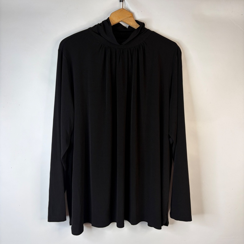 Susan Graver Top Women 3X Black Liquid Knit Mock Neck Pleated Long Sleeve